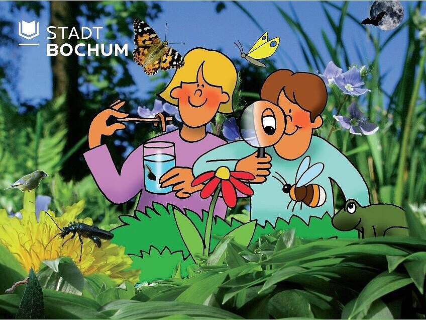 gezeichnete Kinder mit Lupe und Becherglas zwischen Blumen und Insekten