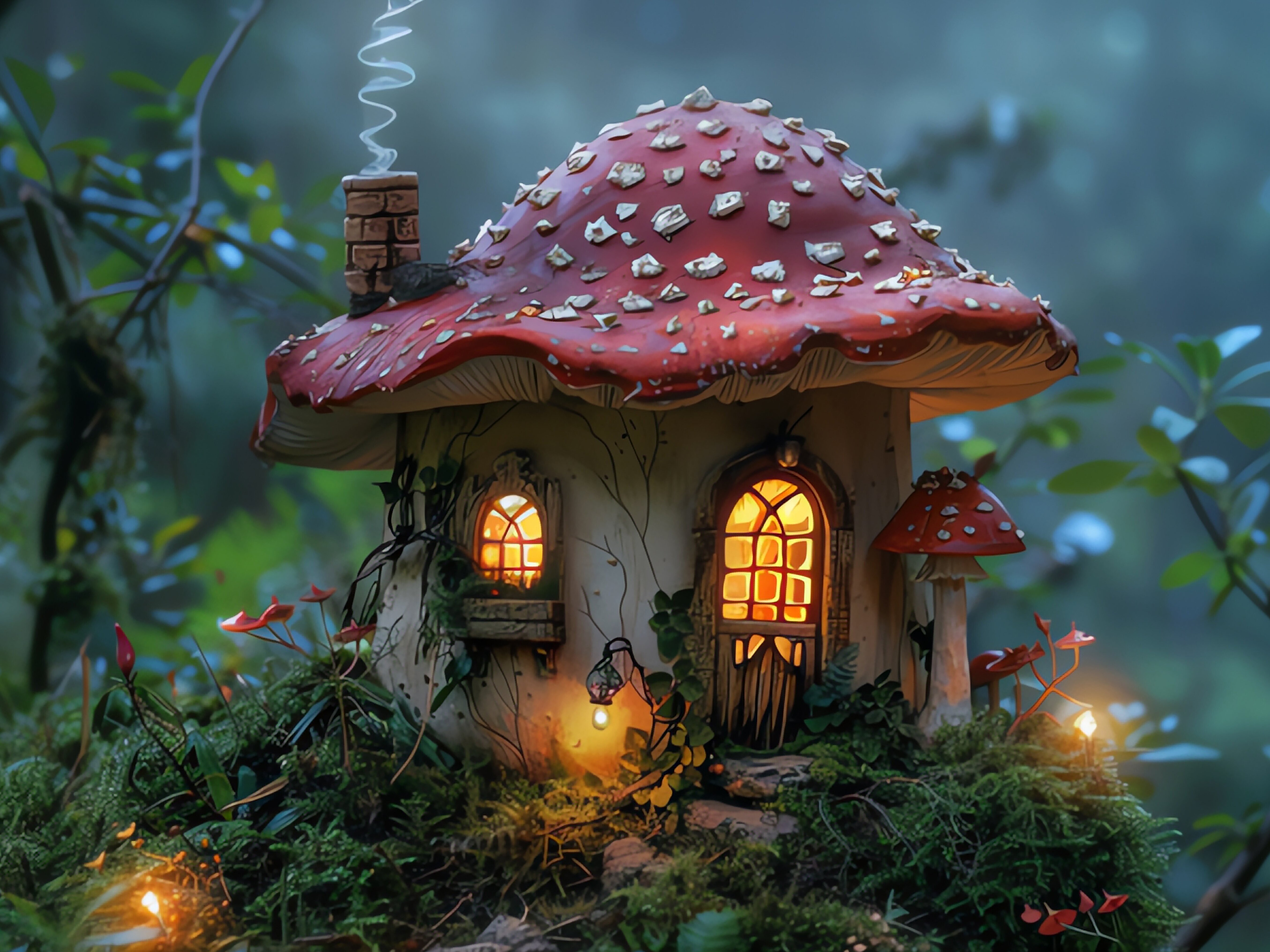 mushroom house in forest, AI generated