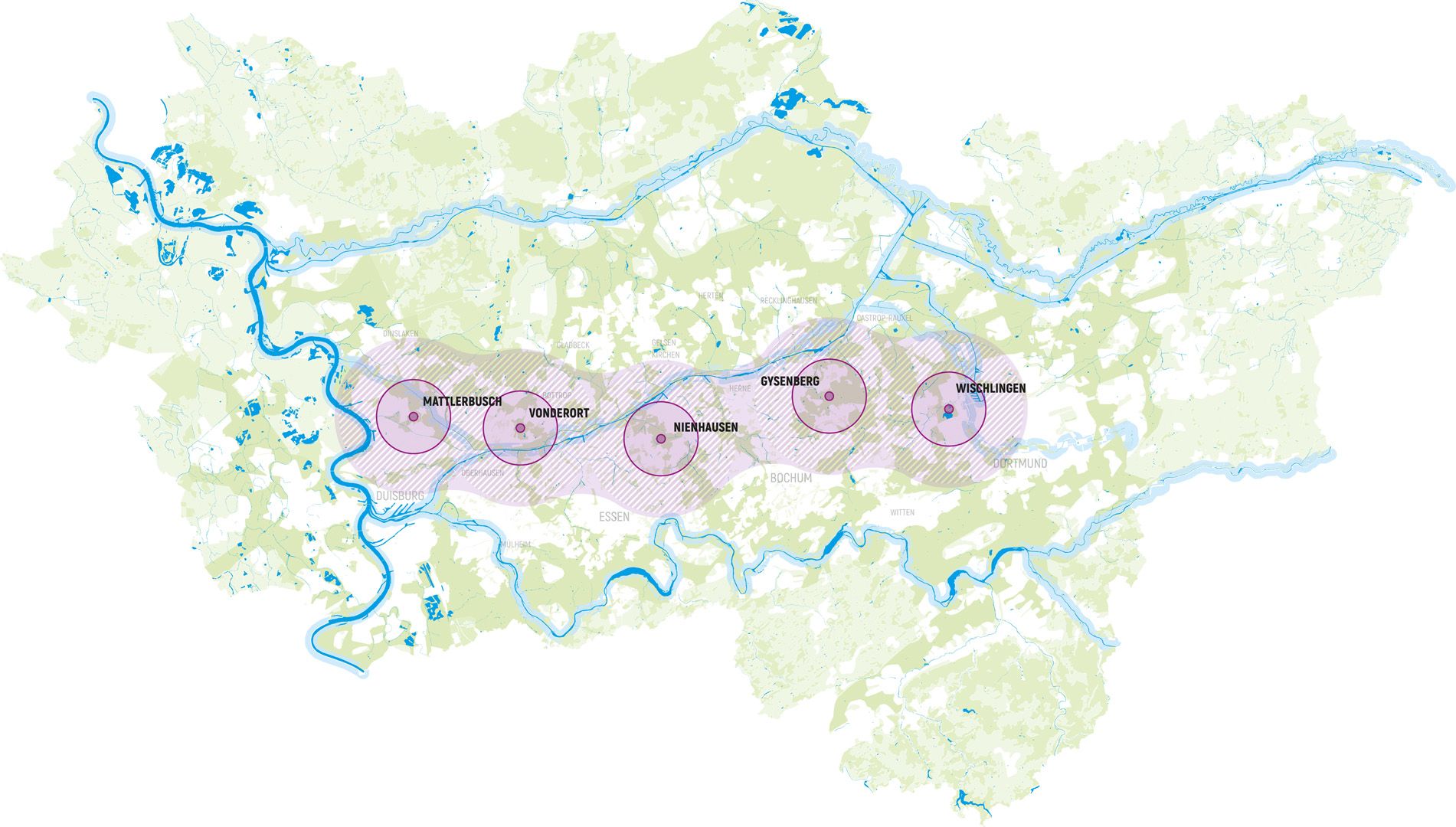 Karte (Grafik) mit Standorten der fünf Revierparks.