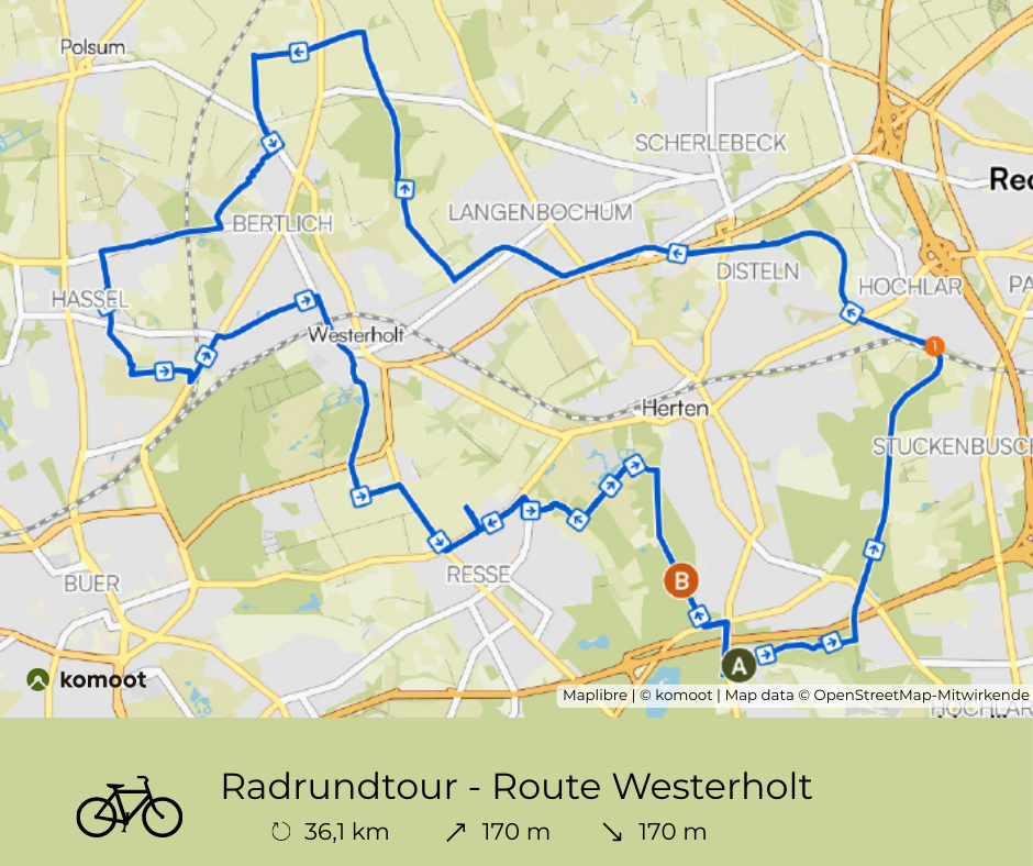 Auf dem Bild ist die geplante Routenführung der Fahrradtour auf einer Karte  mit einem Bereich rund um Herten mit seinen Stadtteilen u.a. durch Westerholt zu sehen. Die Strecklenlänge ist 36,1km mit 170 Meter Steigung und 170 Meter Gefälle.