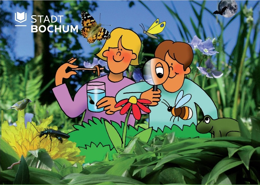 gezeichnete Kinder mit Lupe und Becherglas zwischen Blumen und Insekten
