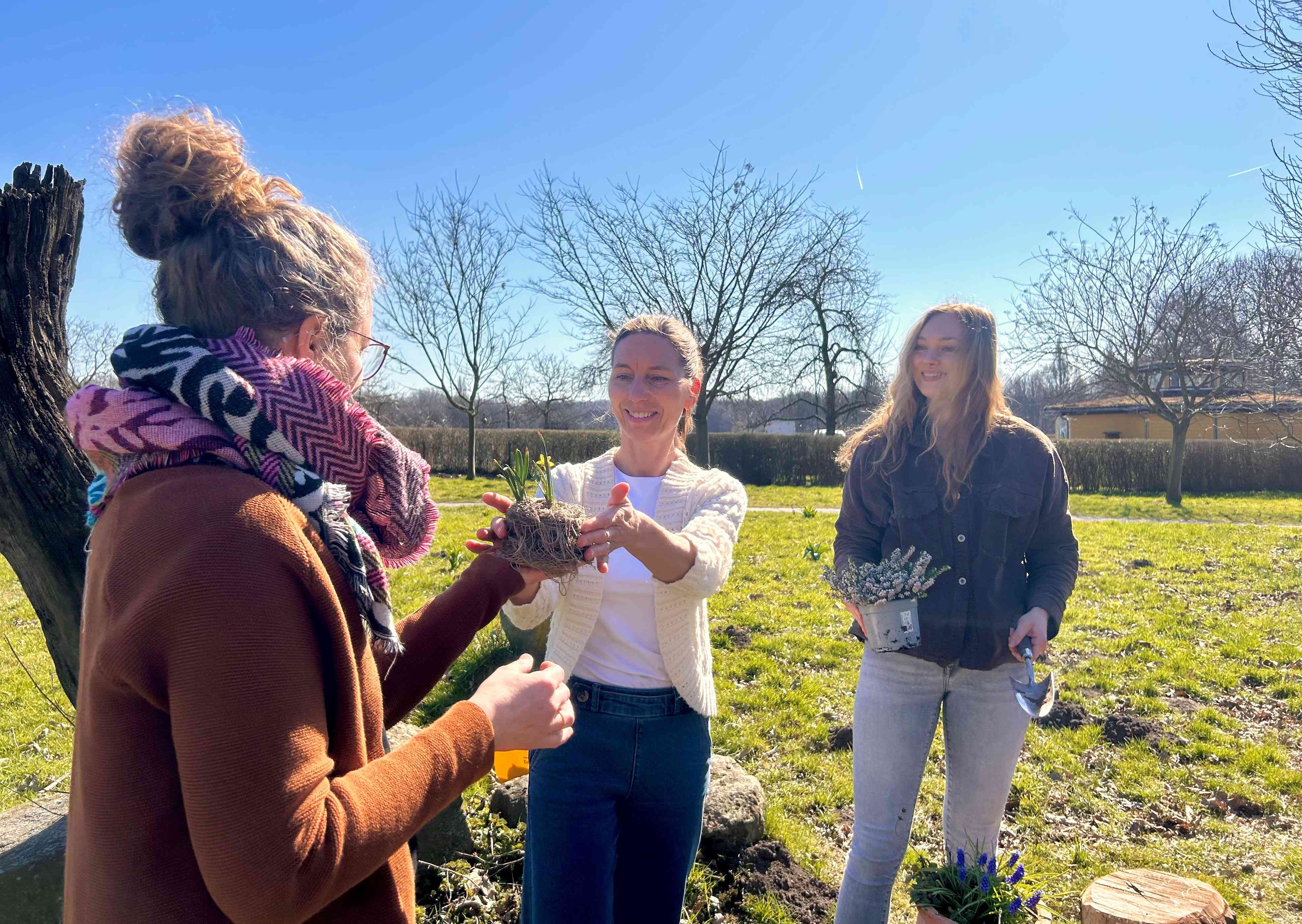 Pflanzentauschbörse Drei Personen tauschen Pflanzen